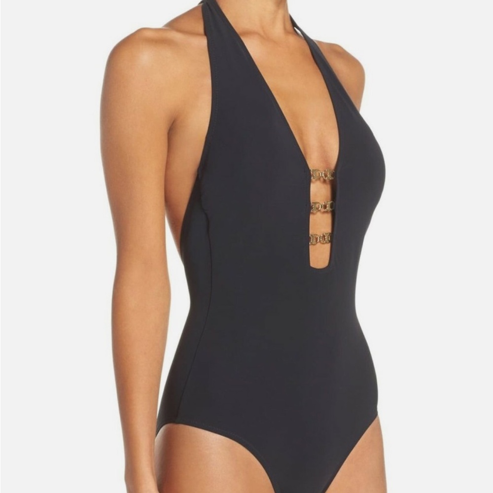 Tory Burch Gemini link deep plunge black halter swimsuit
